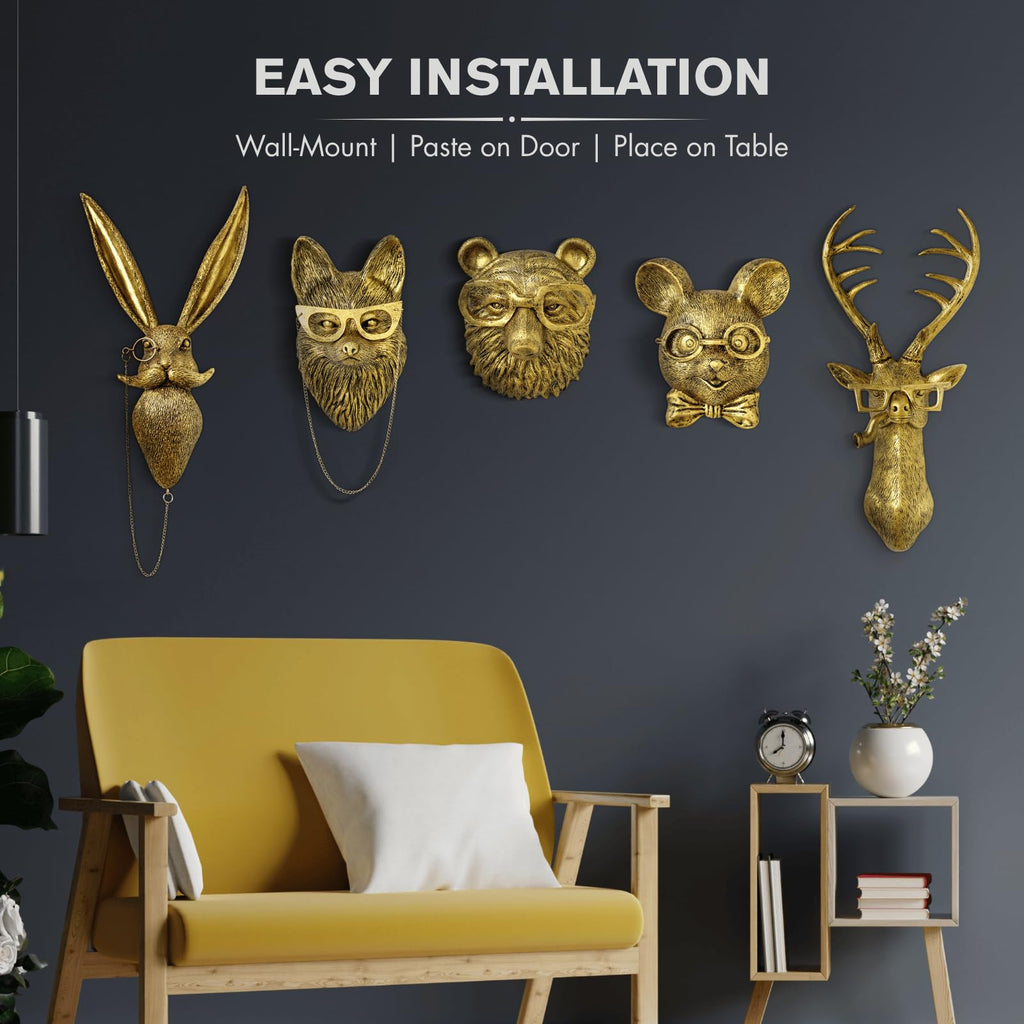 5 PCS Animals Head Wall Art Sculptures 17 inchs Gold Office Vintage 3D Wall Decor Art for Whimsigoth Home Wall Decor