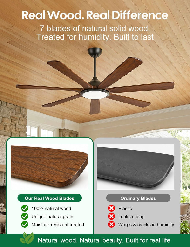 60 inch Smart Wood Ceiling Fan with Light, Remote/Alexa/App Control, Farmhouse Rustic Style, 7 Solid Walnut Blades