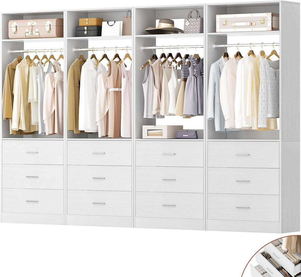 8FT Closet Systems with 12 Wood Drawers, Closet System Set of 4 | 96" Closet Organizer System with 4 Hanging Rods & 4