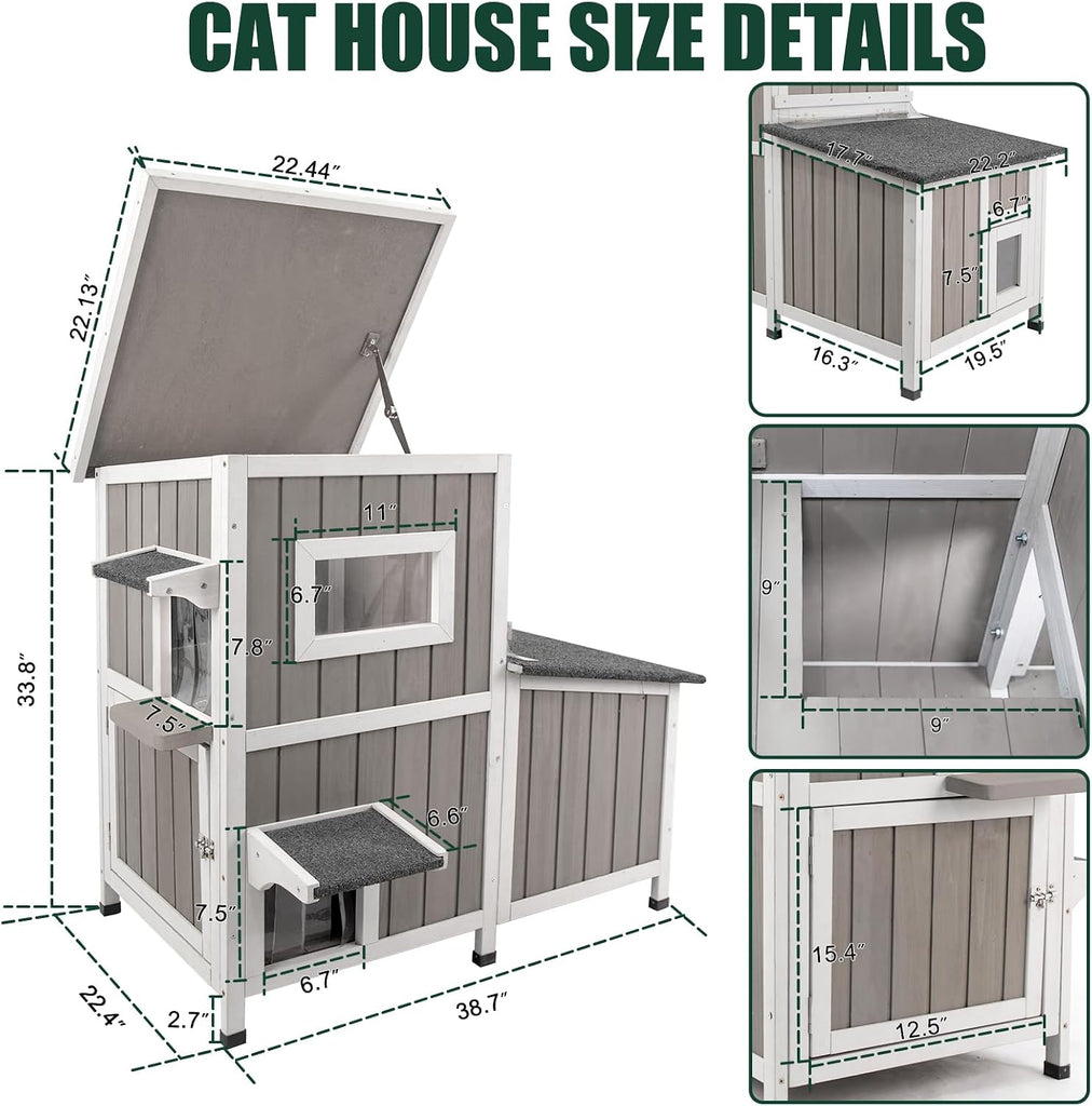 Cat House Outdoor Cat Shelter for 2-3 Feral Cats Two Story Wooden Cat Houses for Outside Cats Weatherproof in 3