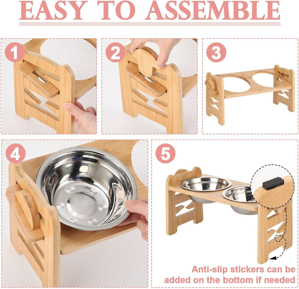 2 Set Elevated Dog Cat Bowls, 15 Tilted Raised Pet Bowl for Puppy and Cats Adjustable Dog Food Feeding Dishes Wood
