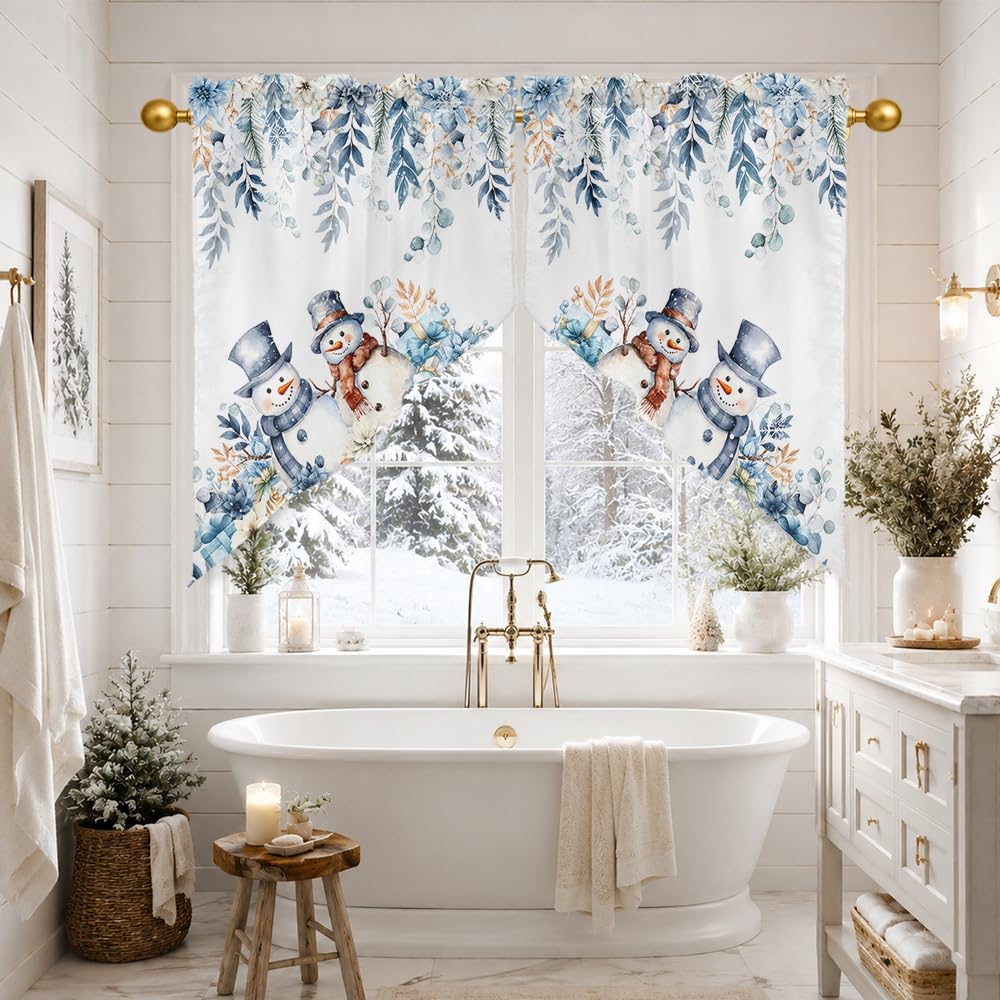 Merry Christmas Snowman Swag Curtain Window, 28"W x 36"L x 2Pc