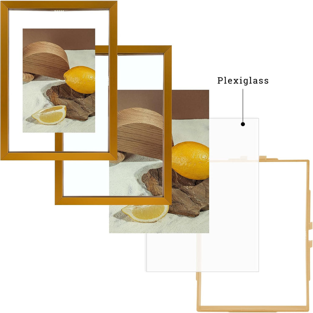 Bronze Metal Floating Picture Frame 7 Set(4 11x14, 2 8x10, 4 5x7) | Tempered Glass Front, Plexiglass Back, for Photo