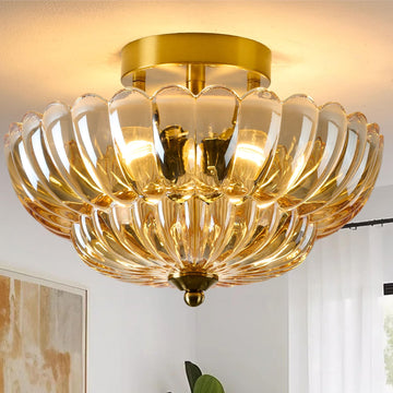 Semi Flush Mount Ceiling Light, 12 Inch Vintage Gold Fixture with Amber Glass Shade, 3-Light Close to Ceiling