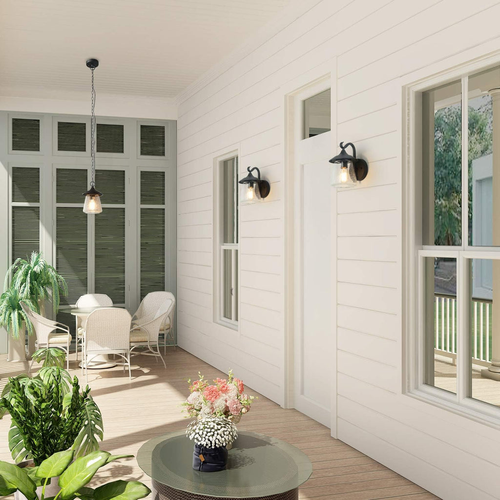 Outdoor Pendant Lights, Porch Fixture in Painted Black Metal with Clear Bubbled Glass Globe