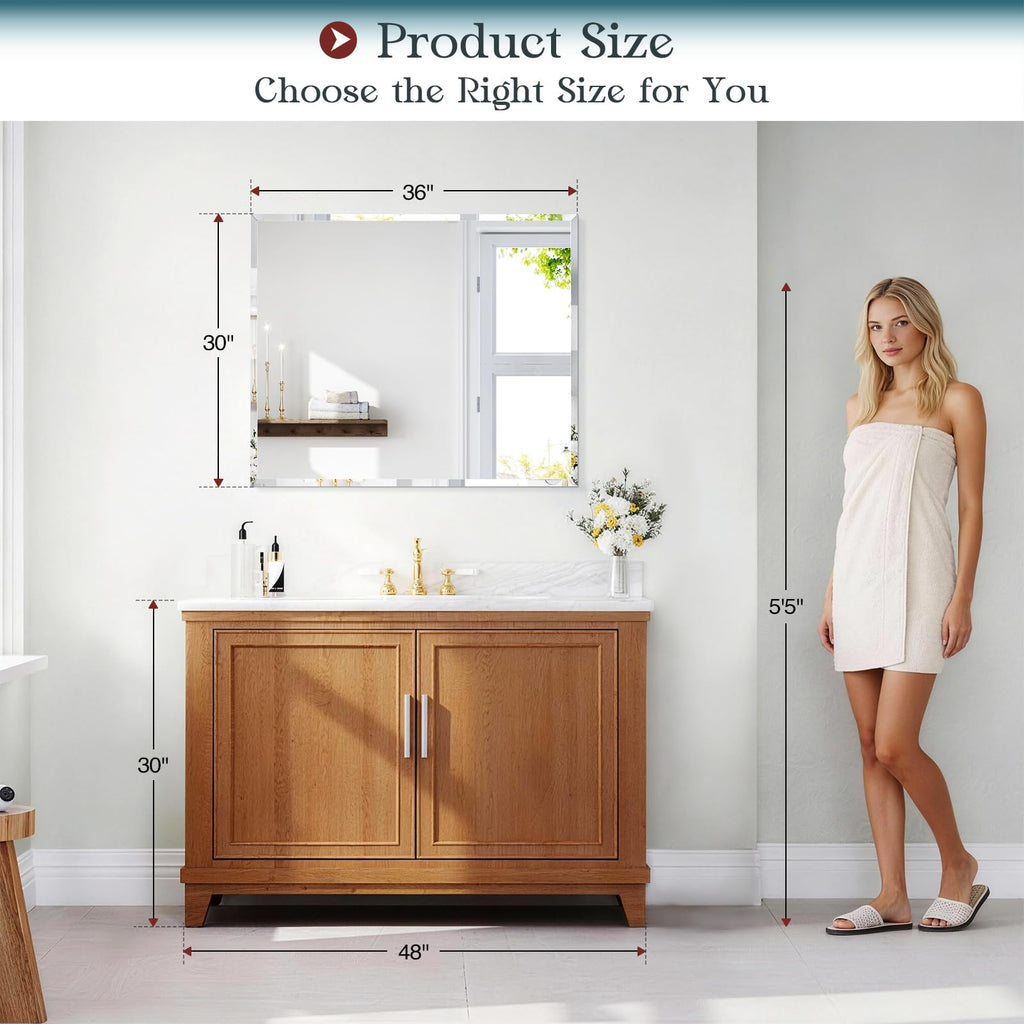 Frameless Bathroom Mirror, 30"x36" Beveled Bathroom Mirror for Vanity, Wall Mount Mirrors with 4mm Tempered Glass