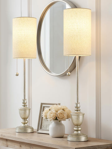 Buffet Table Lamps Set of 2, 28" Tall Skinny Brushed Nickel Finish Resin