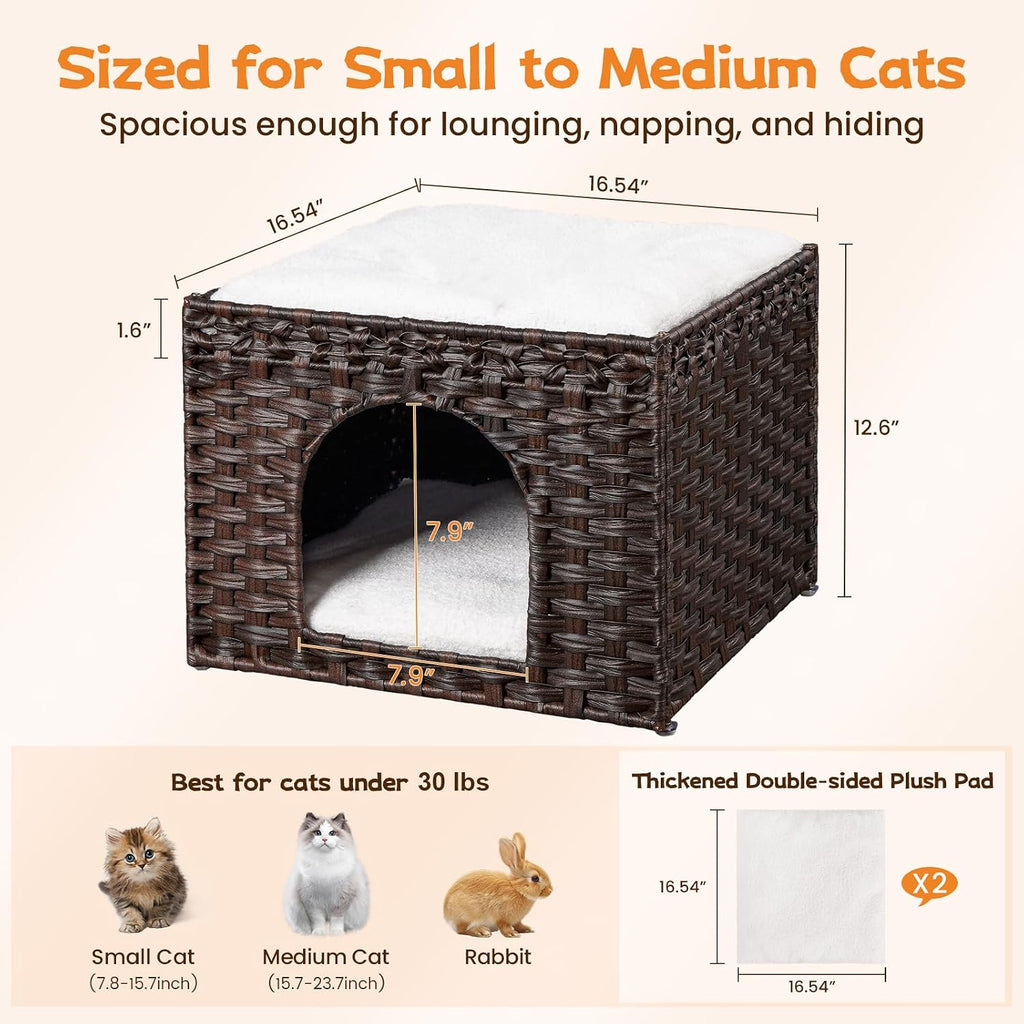 Handwoven Rattan Cat House - Indoor Foldable Cat Bed Cave with 2 Removable Bed Mats, Large Kitten House, Hideaway Pet
