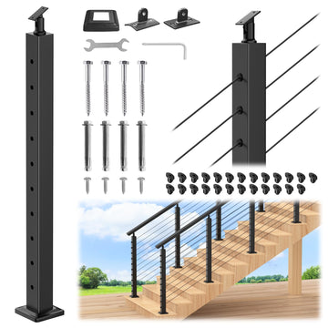 36" Stair Cable Railing Post (Post 35"x2"x2"), Adjustable Top Stair Post for 25-35 Degrees Stair, T304 Stainless