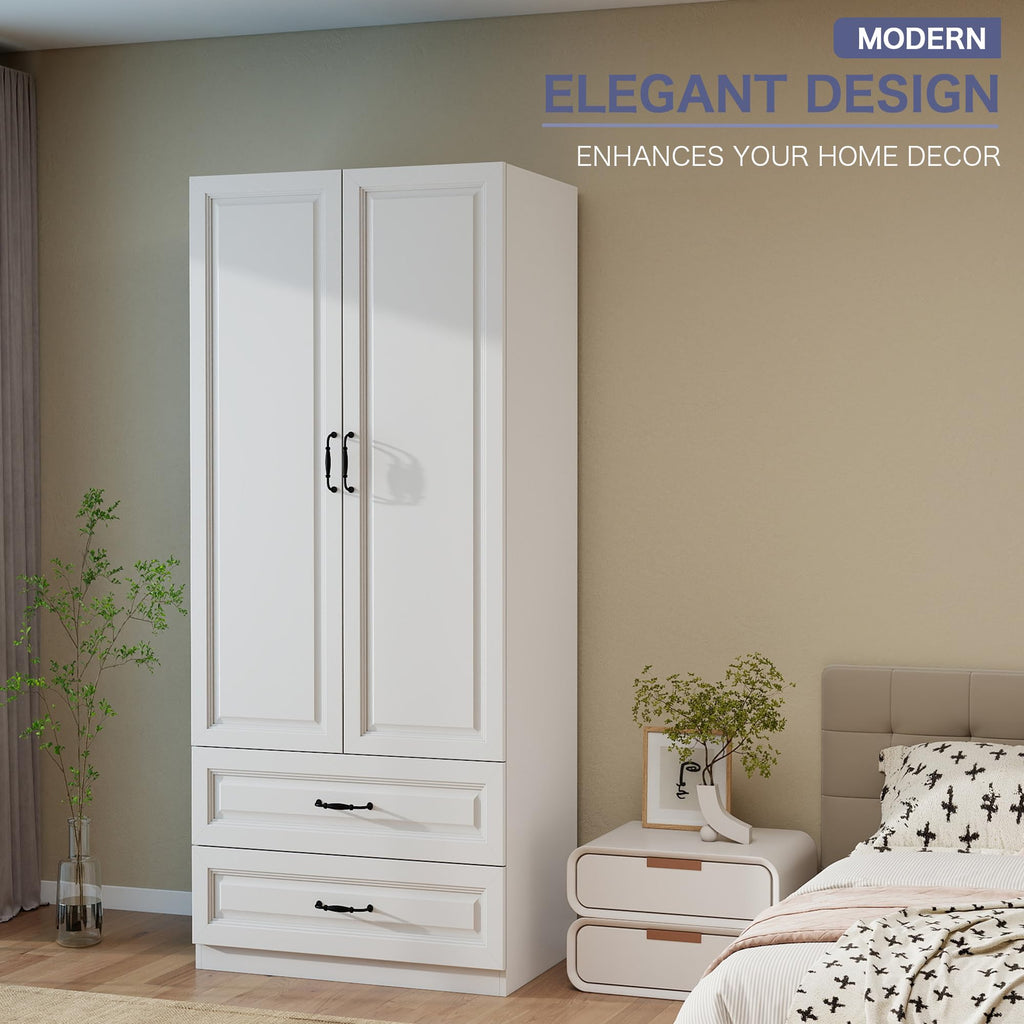 White Wardrobe Closet with 4 Drawers and 4 Doors, 75" H x 63" W