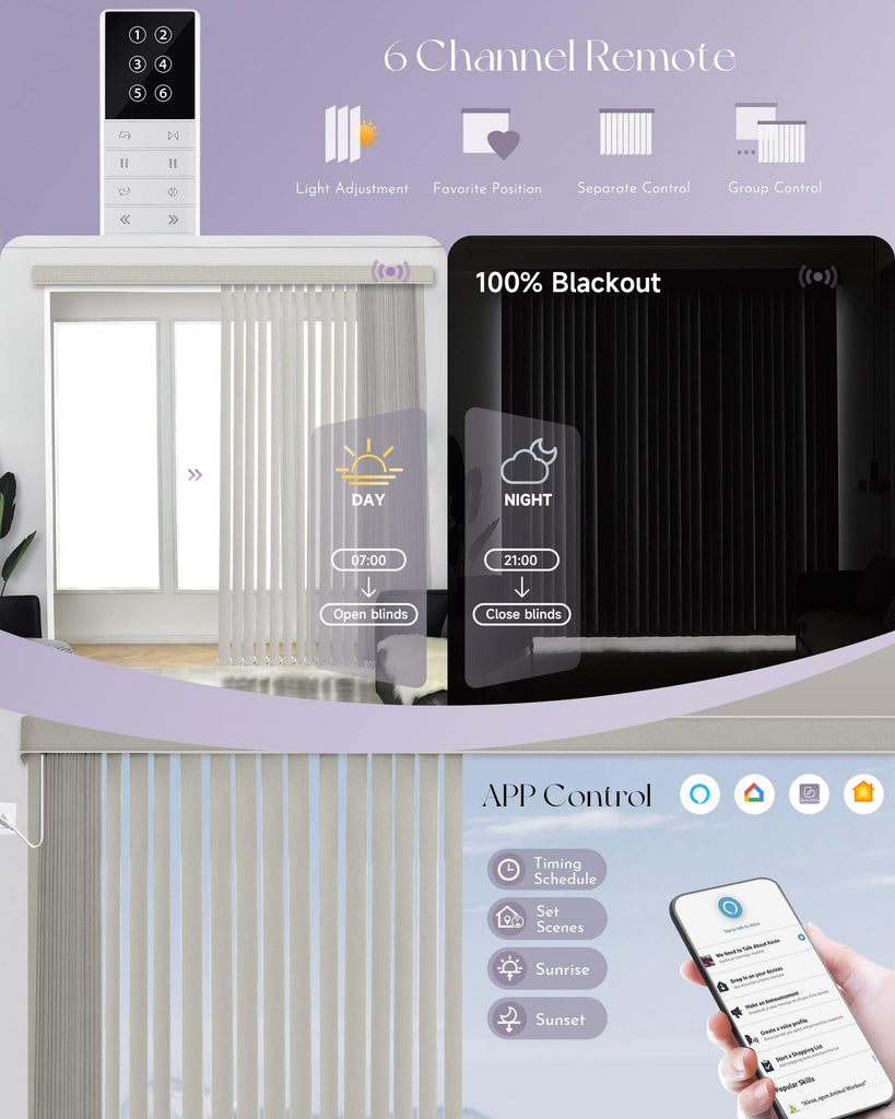 Motorized Vertical Blinds Compatible with Alexa Google Privacy Reversible Blackout Smart Vertical Blind Remote