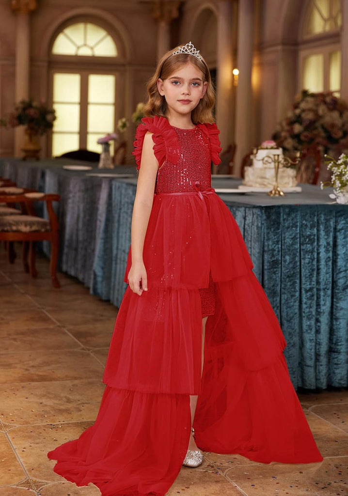 Girls Sequin Formal Pageant Fancy Party Ruffle Prom Maxi Dress
