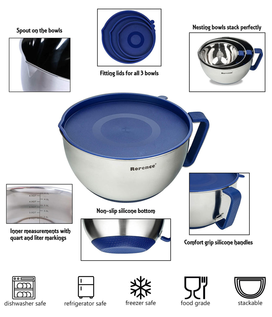 Stainless Steel Mixing Bowls Set with Lids,1.5,3 & 5 Qt,Blue