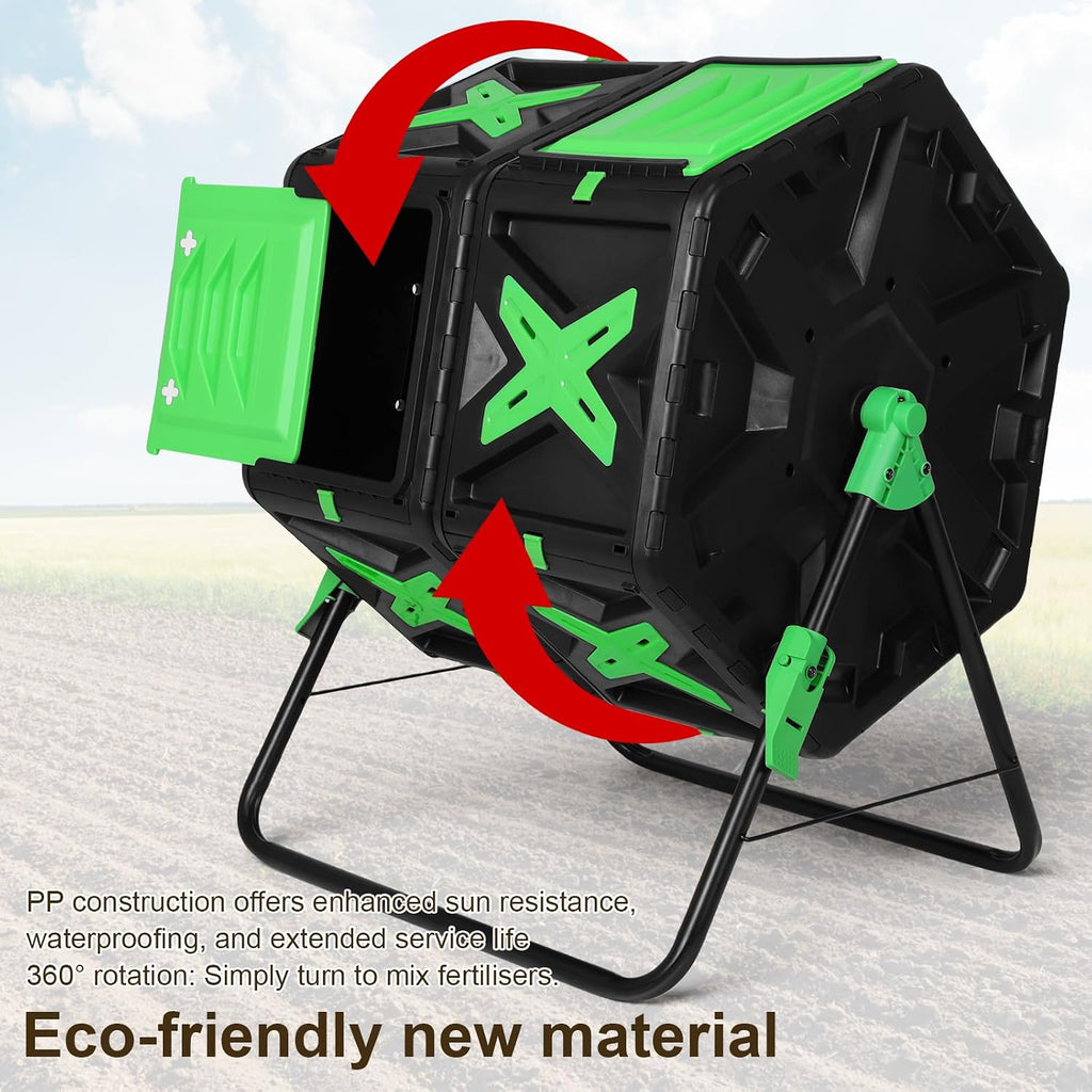 140L Dual Chamber Efficient Outdoor Compost Bin with Sliding Door | 360 Degree Rotating Large Composter Easy Setup