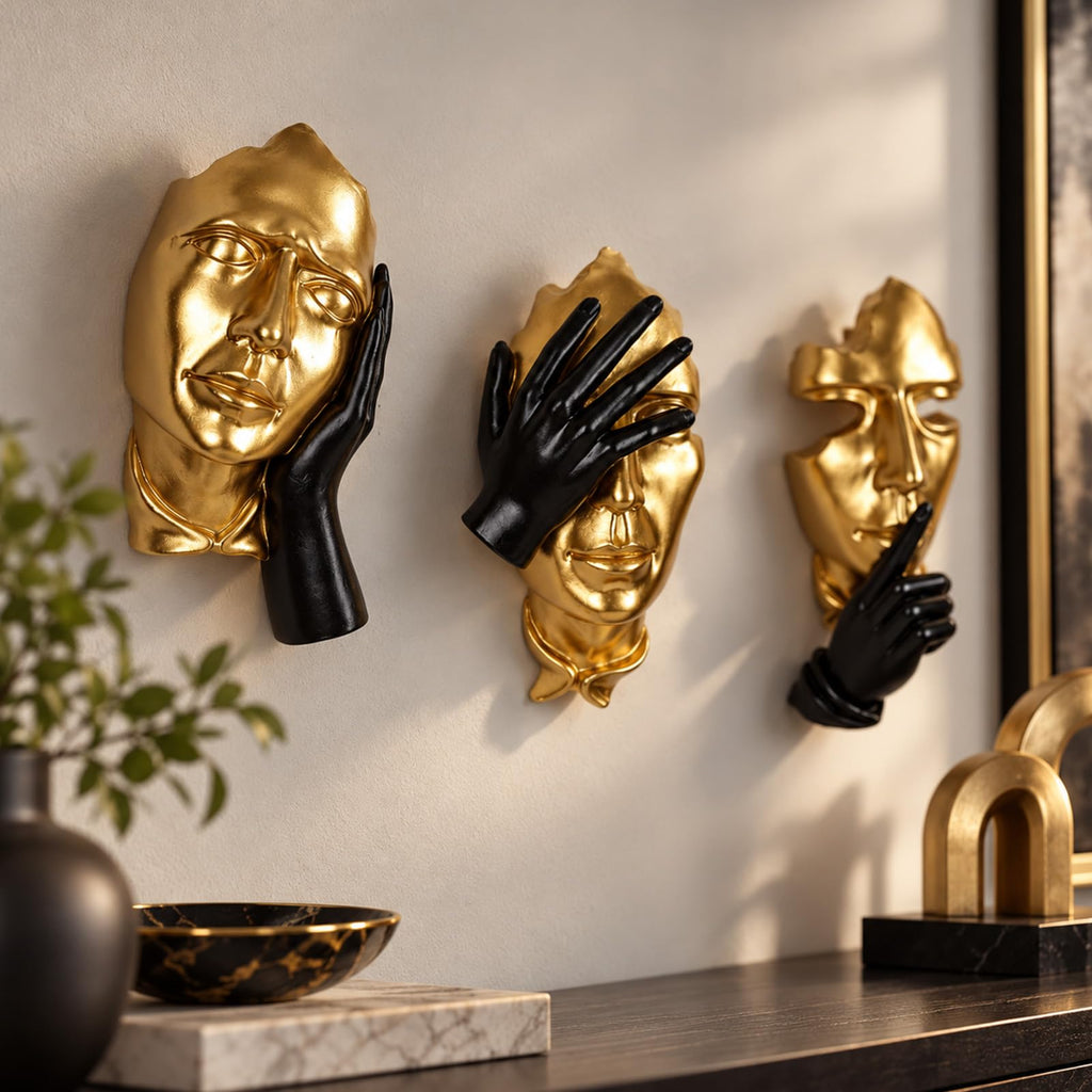 Face Wall Sculptures Set of 3, Modern 3D Abstract Wall Art, Black and Gold