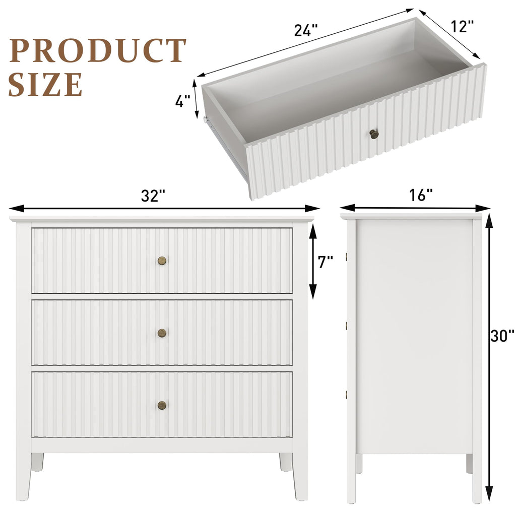 Fluted 3 Drawer Dresser, 32" Wide Nightstand, White