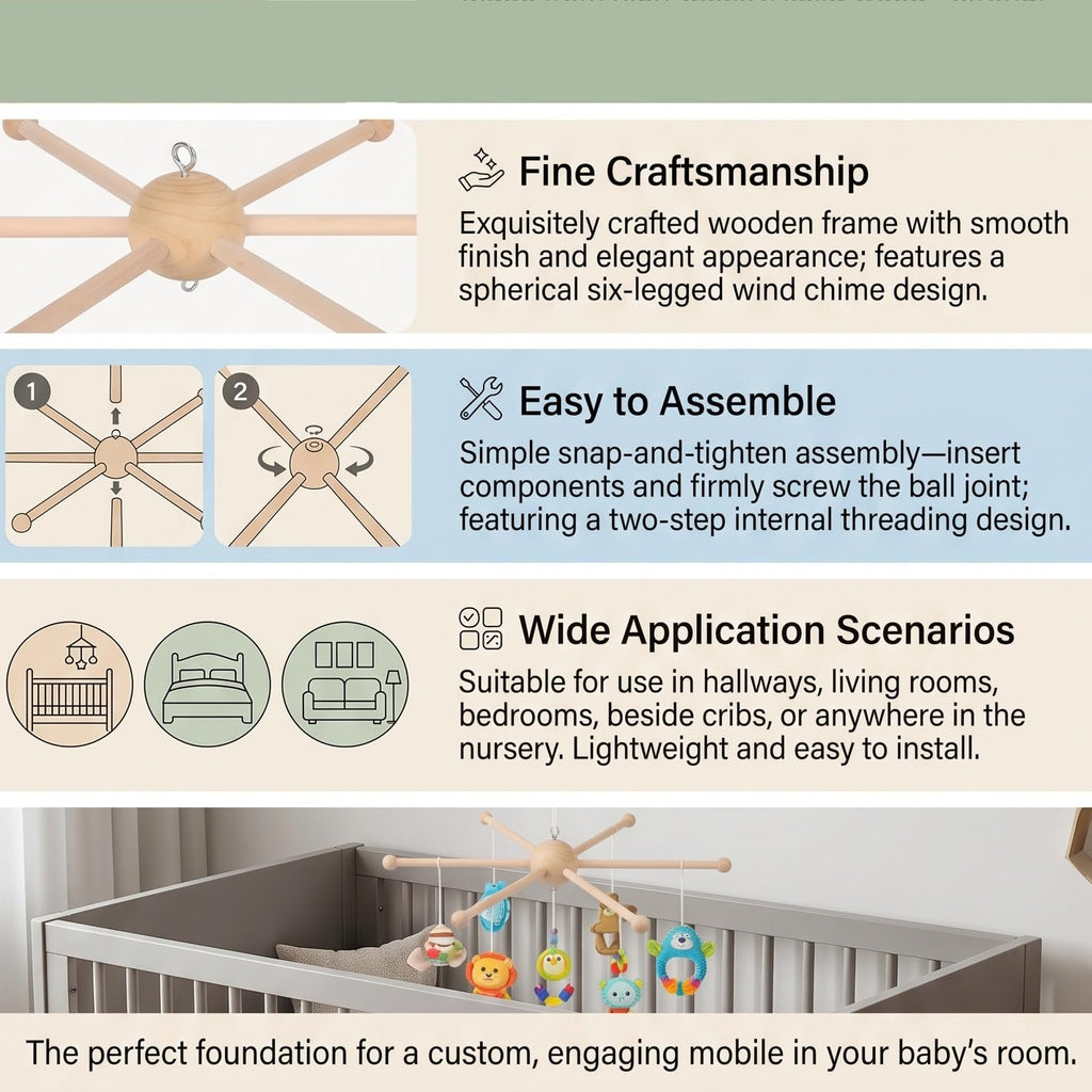 Wooden Mobile Frame Kit, Spherical Six-Leg Crib Hanger for Baby Bell, Wind Chime, DIY Decoration, Wood