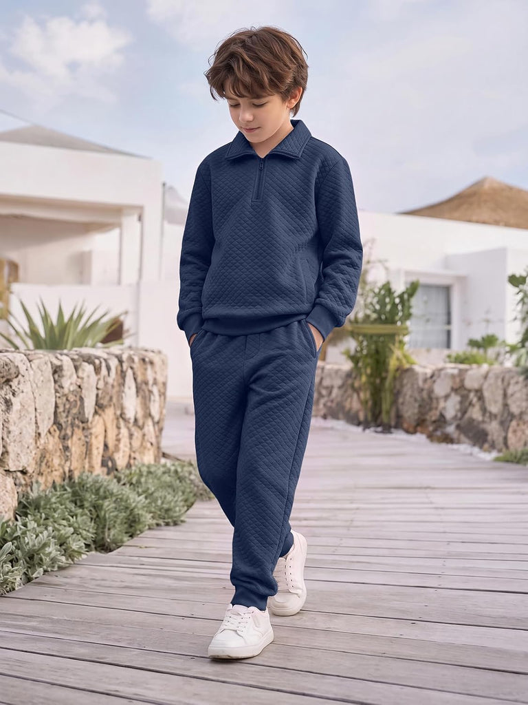 Boys 2 Piece Outfits Quilted Quarter Zip Sweatshirt and Jogger Set