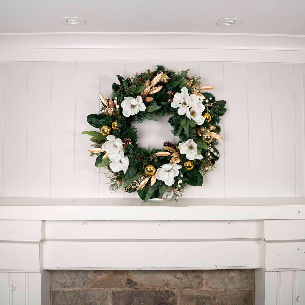 30 Inch Pre-Lit Artificial Christmas Wreath, White Gold Magnolia
