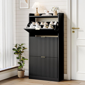 Black Fluted Slim Shoe Cabinet Storage with 3 Flip Drawers