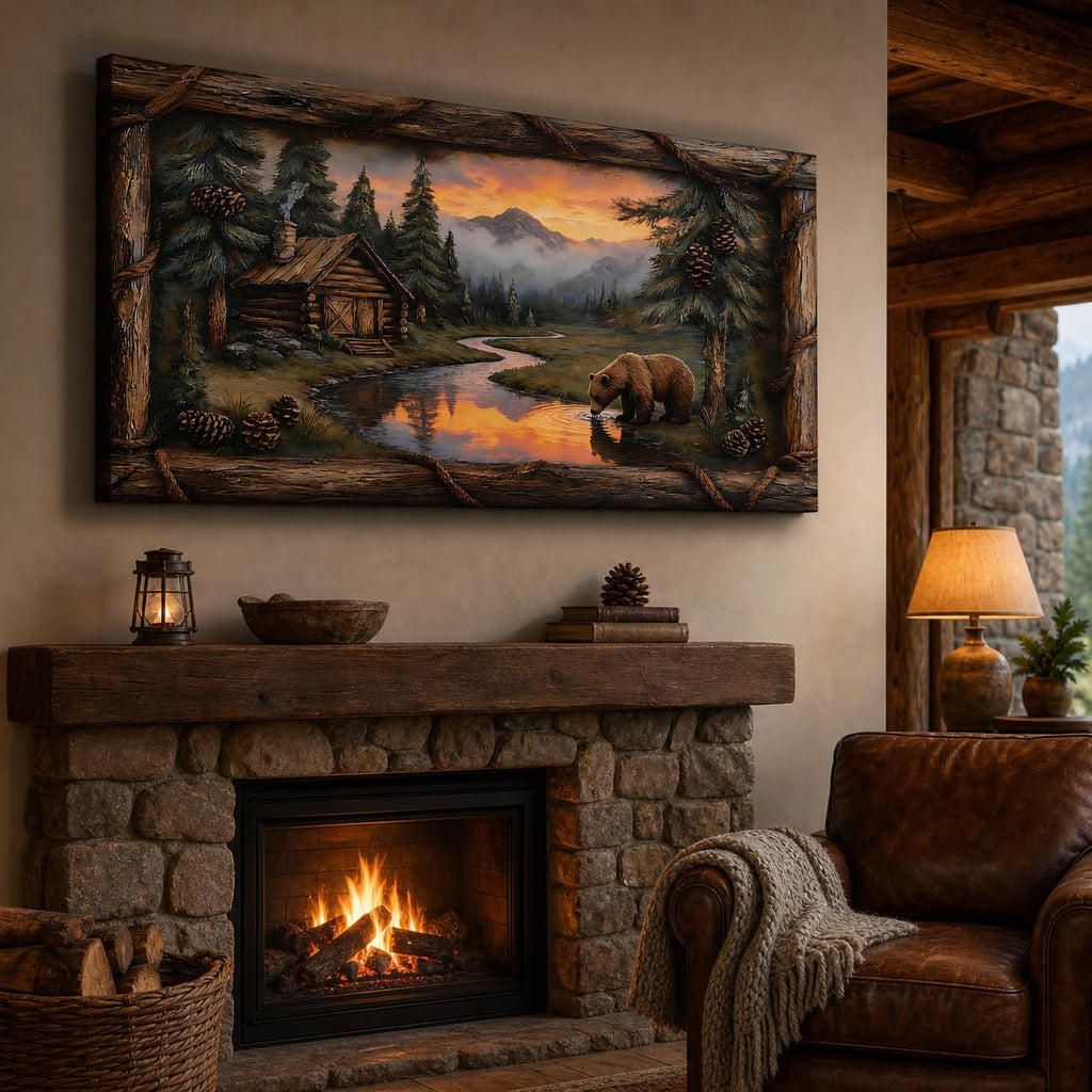 Extra Large Cabin Wall Art, Bear Lake Sunset Canvas Wall Decor with Faux Rustic Border, Mountain Lodge Wildlife