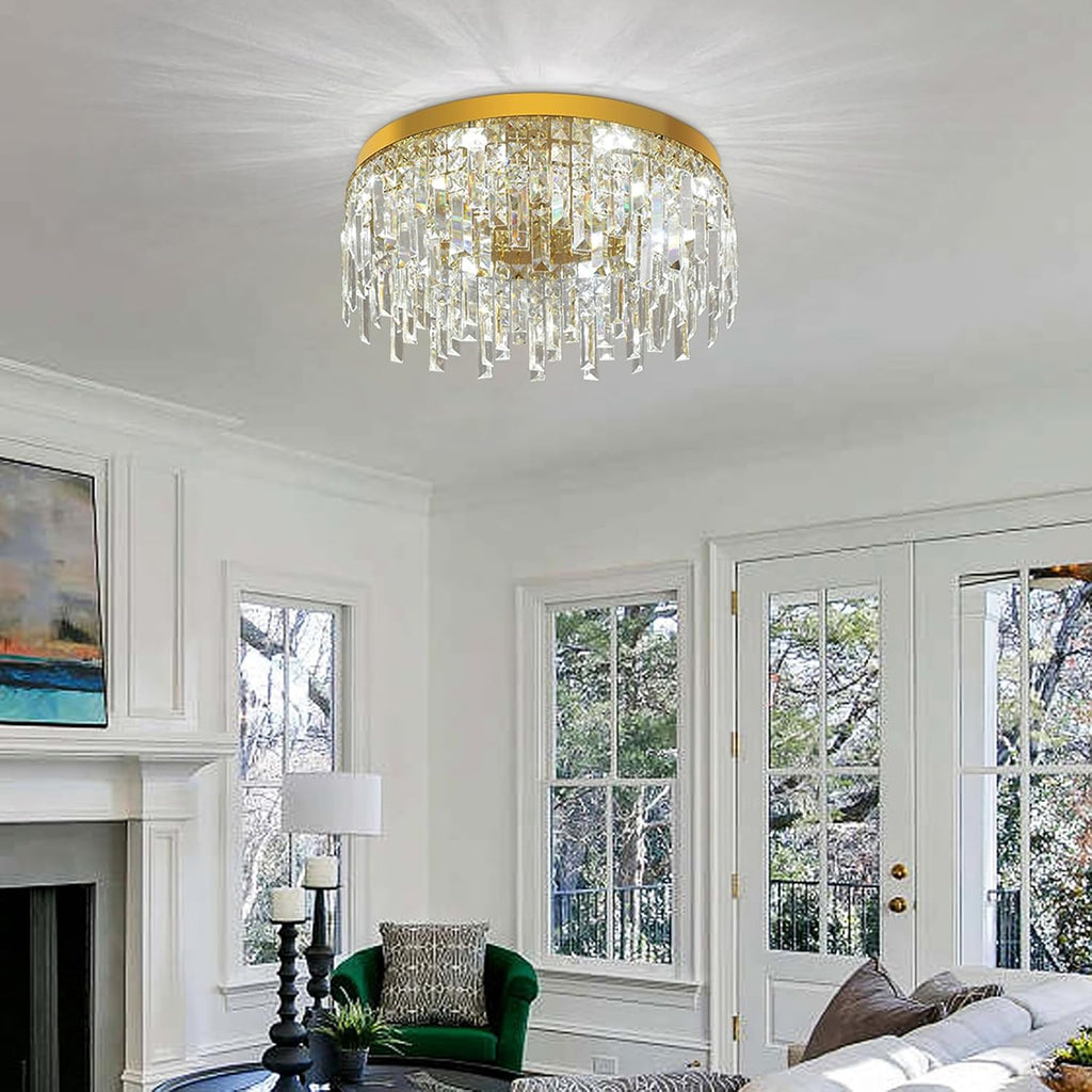 Gold Crystal Chandeliers for Dining Room 19.68" Round Luxury Flush Mount Crystal Ceiling Light Fixture Modern