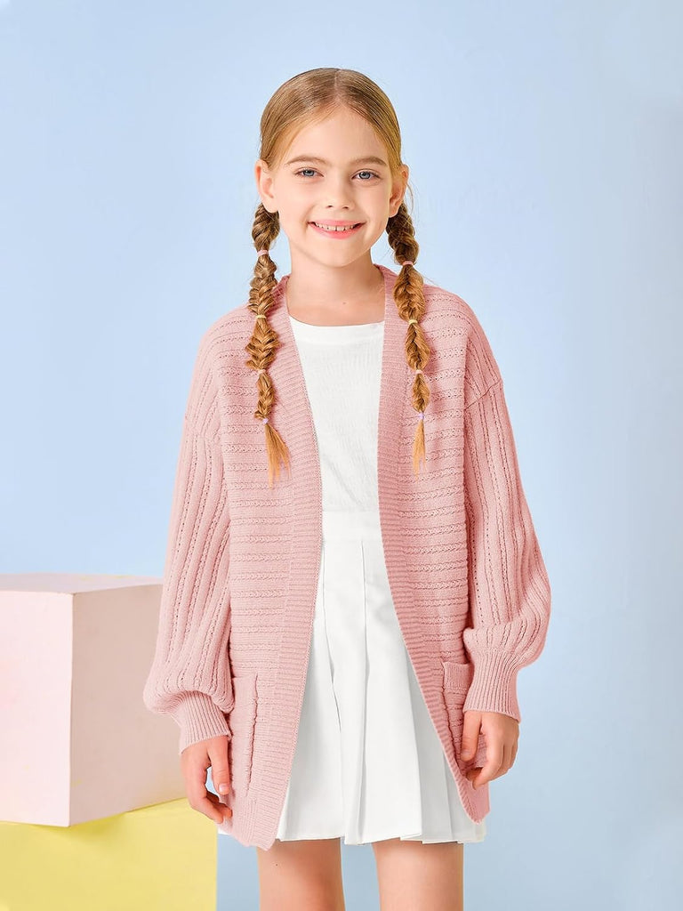 Kids Girls Open Front Cardigan Sweaters Long Sleeve Cable Knit Fashion Clothes with Pockets