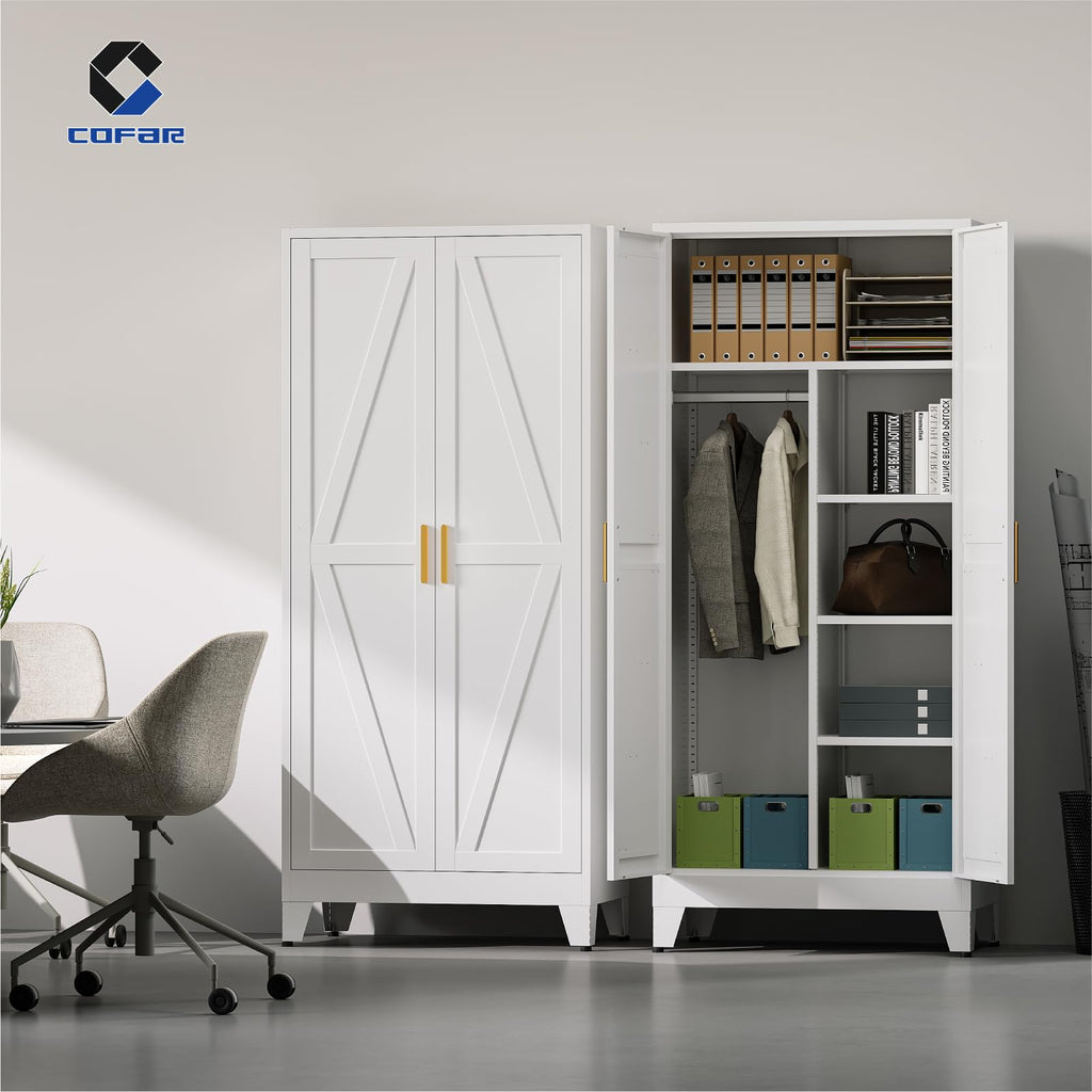 Metal Wardrobe Closet with Doors, 71'' Tall Steel Bedroom Armoire with Adjustable Hanging Rod and Shelves, Broom