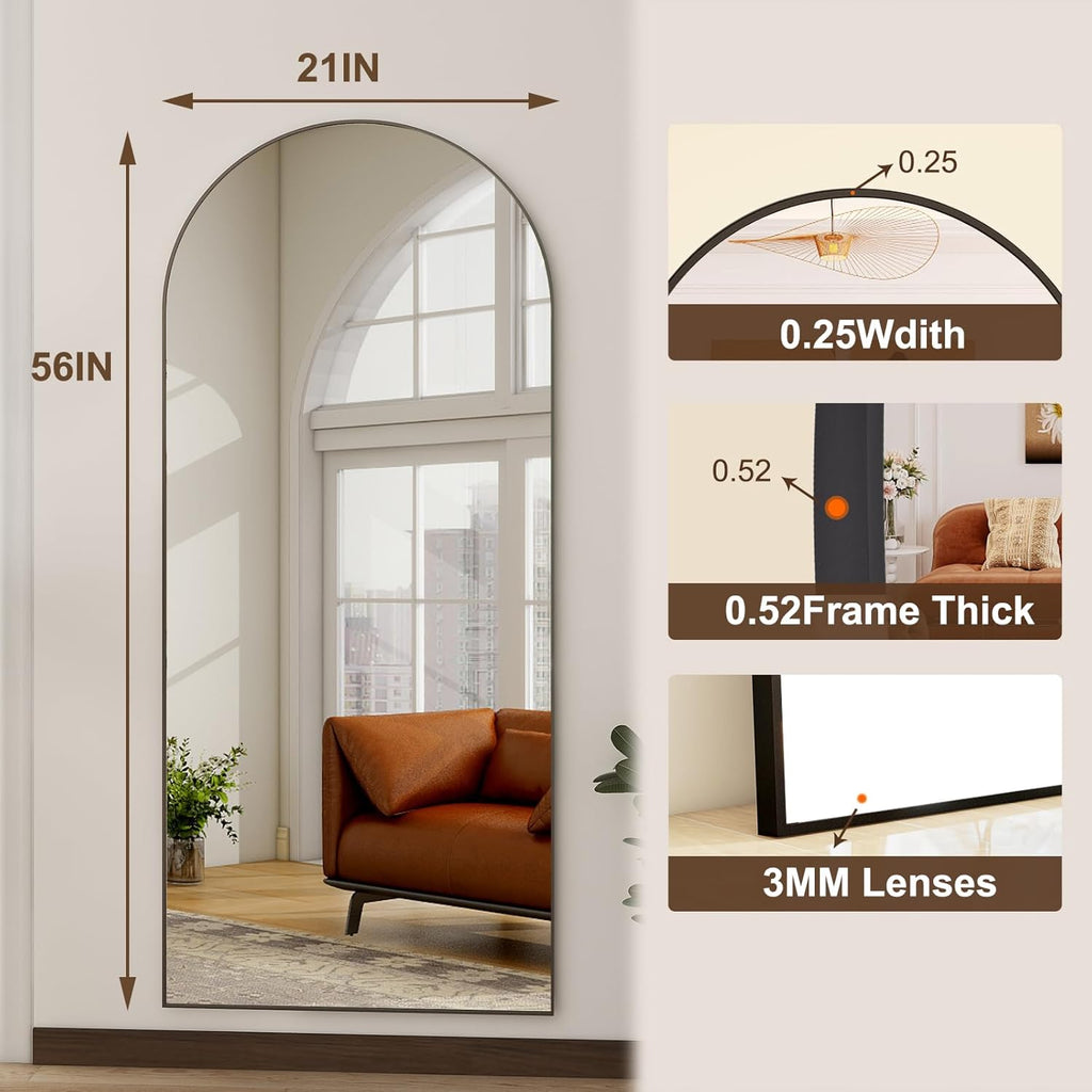 56"x21"Full Length Mirror Arch Floor Mirrors with Aluminum Alloy Frame Free-Standing Wall Mounted or Leaning Large