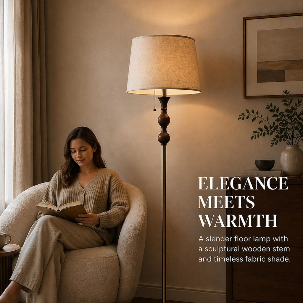 Wood & Brushed Floor Lamp with Pull Chain Switch & Remote Control, Sculptural Standing Lamp, Dimmable 3 Color