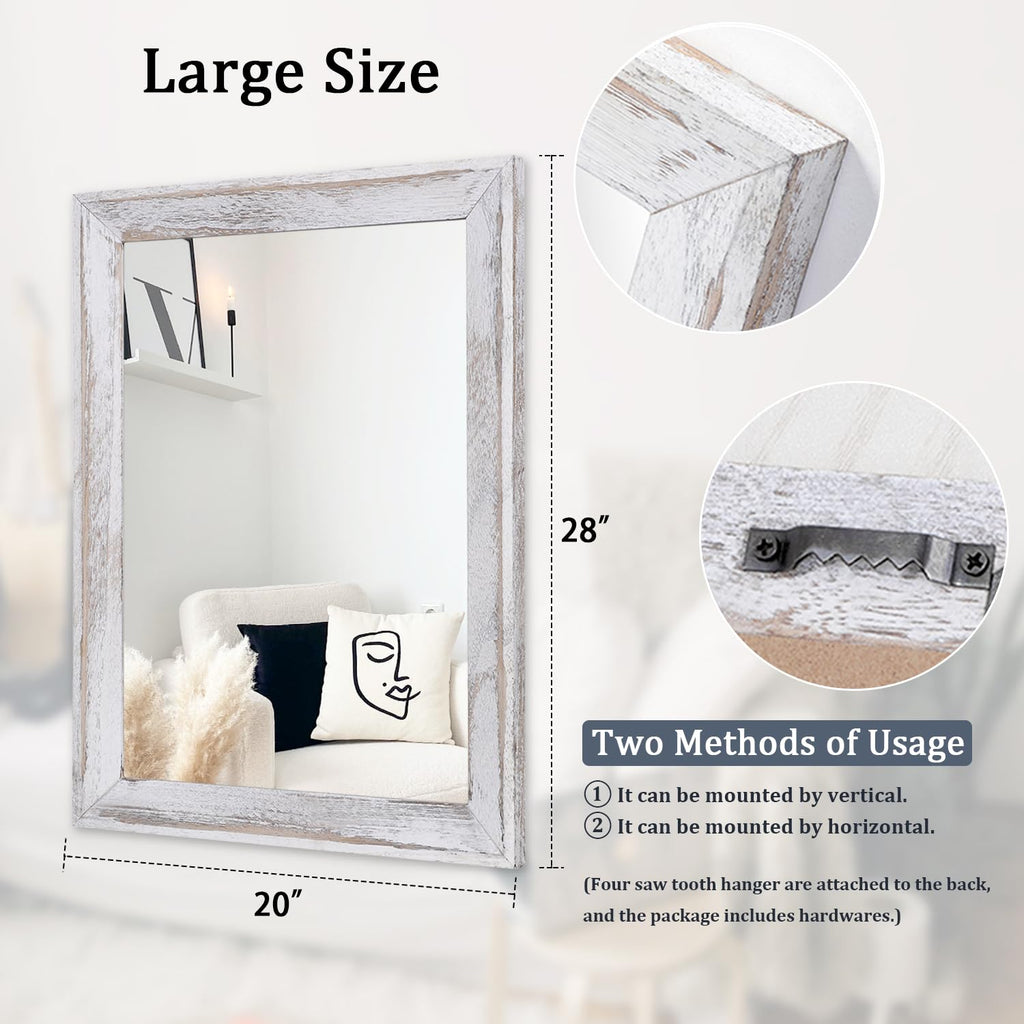 Mirrors for Wall Rustic Wood Framed Hanging Mirror 28"x20" Decorative for Farmhouse Bedroom Bathroom Living Room