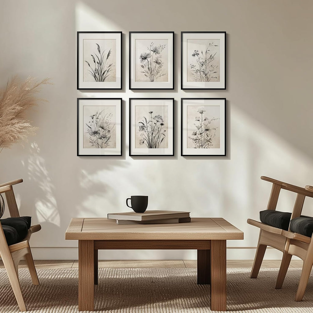Framed Boho Vintage Botanical Wall Art, Set of 6 Black and White Floral Canvas Painting Prints with Mat for Farmhouse