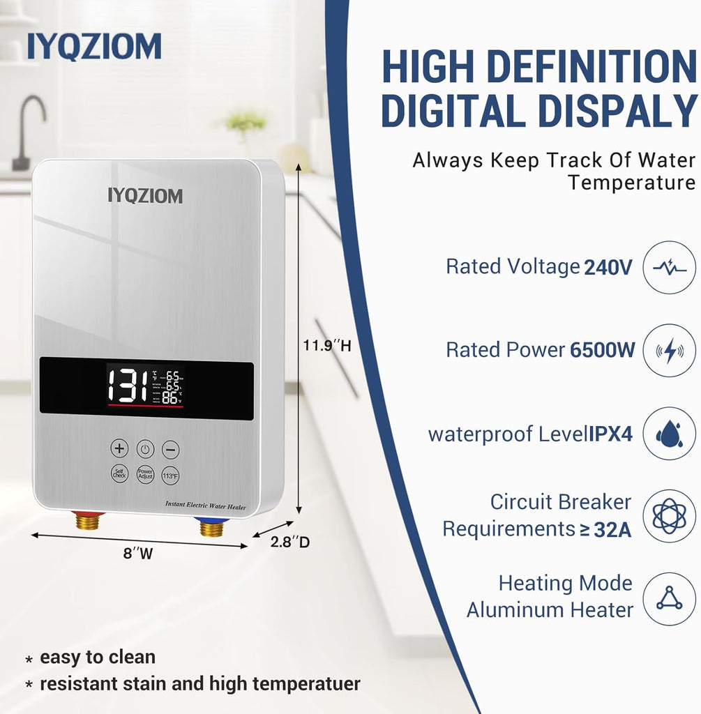 Tankless Water Heater 6.5KW 240V, Instant Electric Water Heater Self Modulating Technology, Overheating Protection