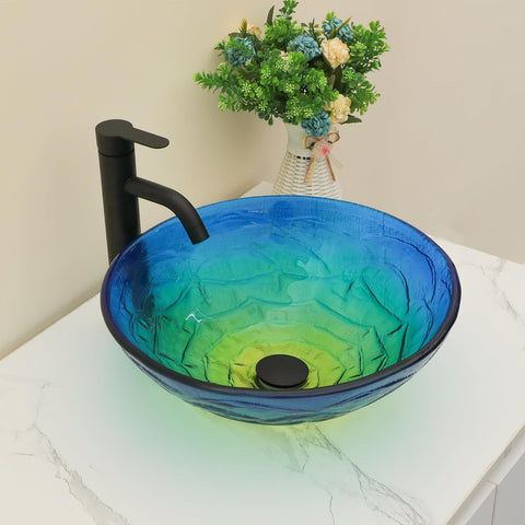 Kichae Round Glass Vessel Sink - 16" x 16" Tempered Glass Bathroom Vessel Sink for Bathroom Vanity