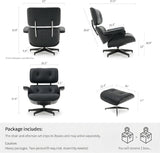 Mid-Century Modern Lounge Chair & Ottoman — Black Bonded Grain Leather, Walnut Base, Premium Tall Back