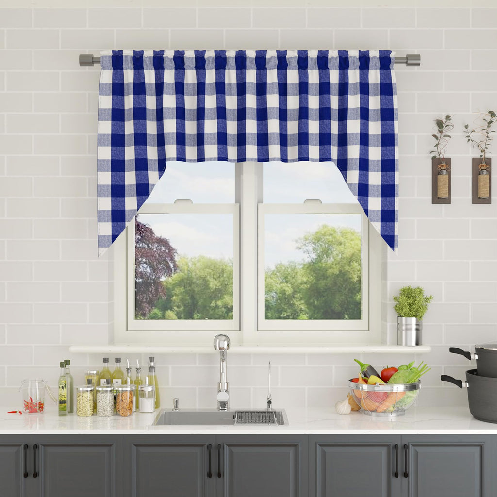 Swags Window Curtain Valance 1 Panel Buffalo Check Swag Classic Country Farmhouse Window Curtain - Navy Blue & White