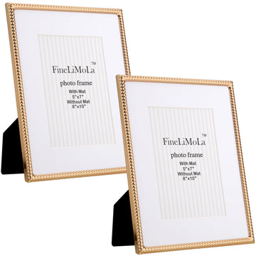 8x10'' Gold Rope Design Metal Picture Frames With Acid Free Mat for 5x7'' 2 Pack, Gold Photo Frame 7x5'' for Desktop