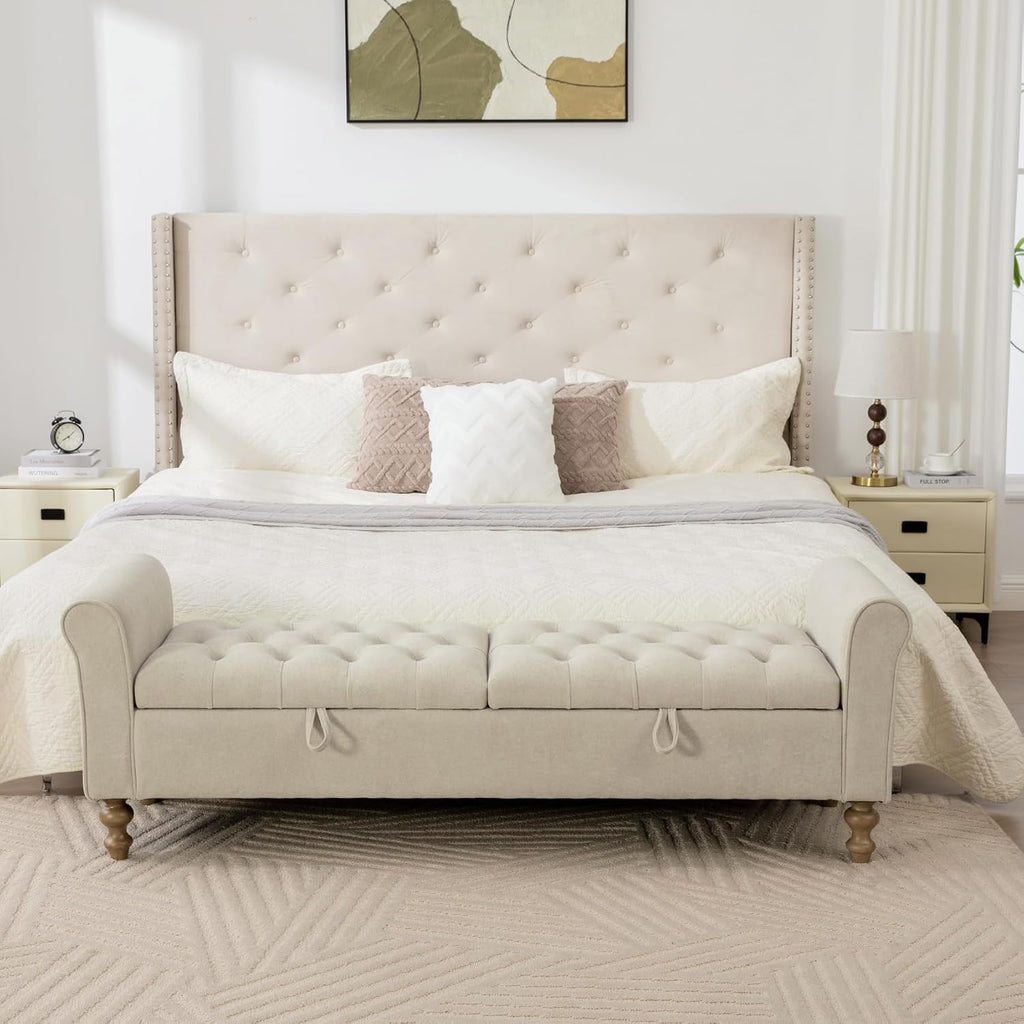 Storage Bench , 65.2'' Tufted End of Bed King Size Upholstered Extra-Long Bench with Dual Flip-Top Lids , Cloakroom