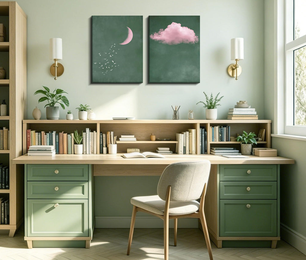 Pink and Green Moon Canvas Canvas Wall Art Set of 2, 12x16 Inches