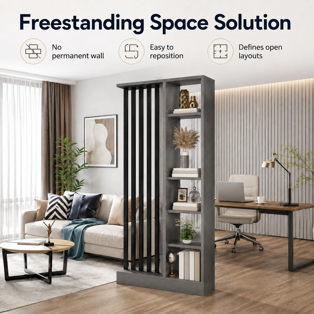 Wood Room Divider with Storage Shelves Freestanding Slat Partition