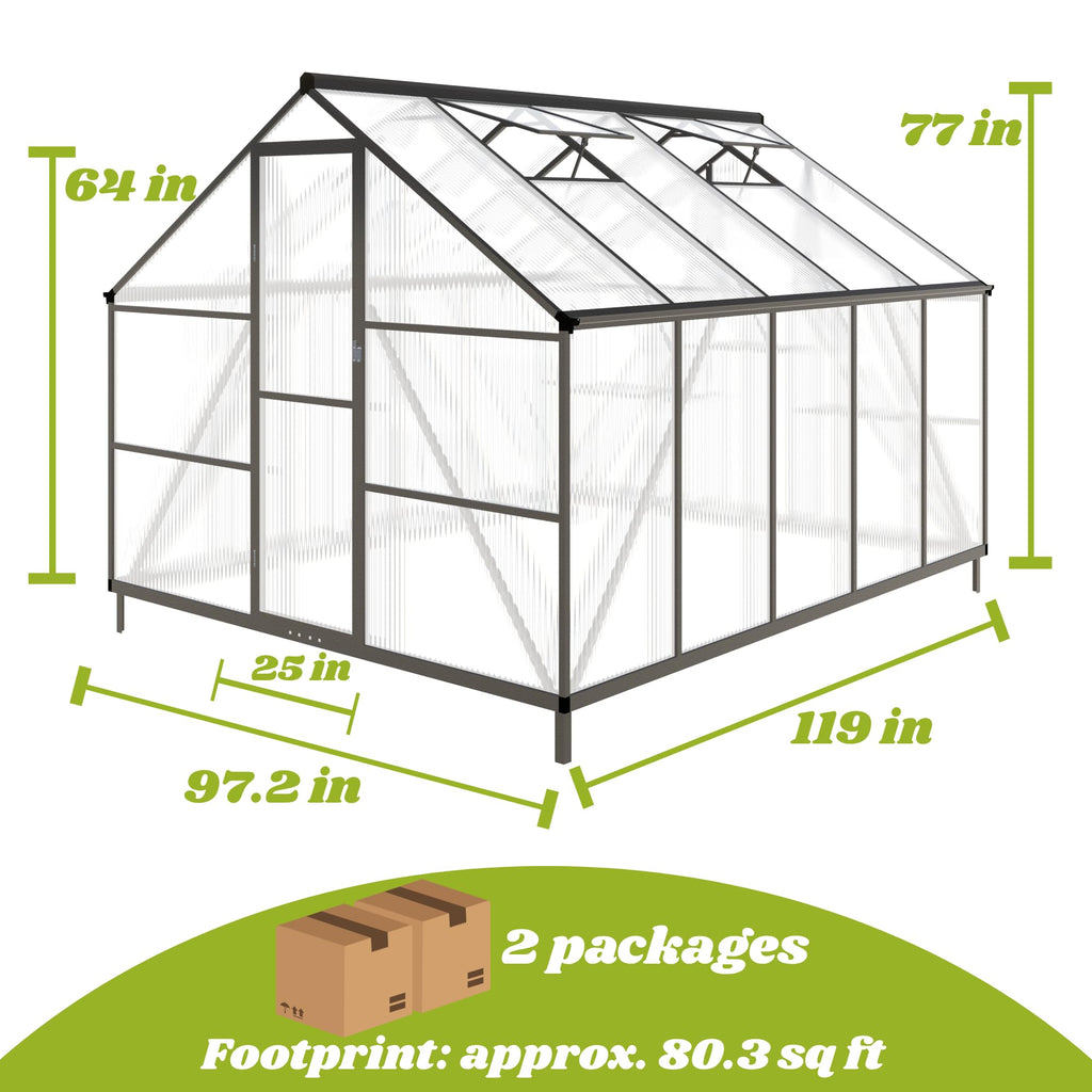8x10 FT Outdoor Greenhouse with Roof Vent, Charcoal Black