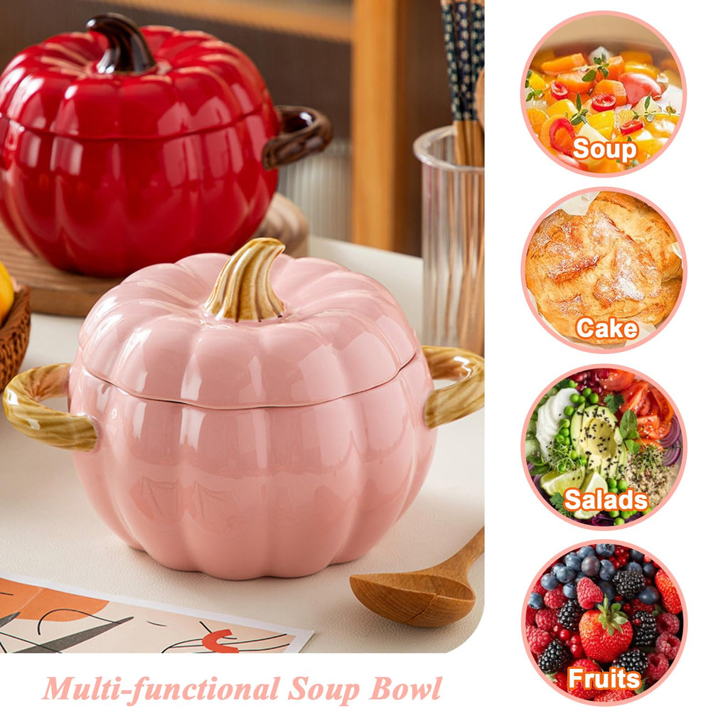 Pumpkin Soup Bowl, 64oz Ceramic Pumpkin Pot with Lid (Pink)