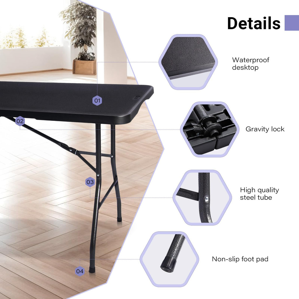 Folding Table 6ft, Heavy Duty Plastic Fold-in-Half Utility Table, Black