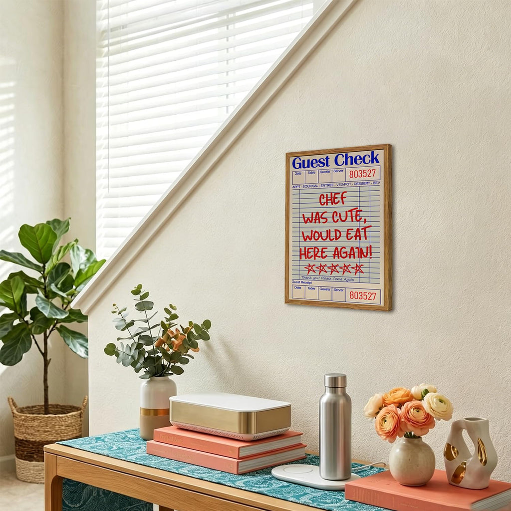 Framed Kitchen Wall Art, Retro Chef Was Cute Would Eat Here Again Pictures Wall Decor, Funky Guest Check Poster