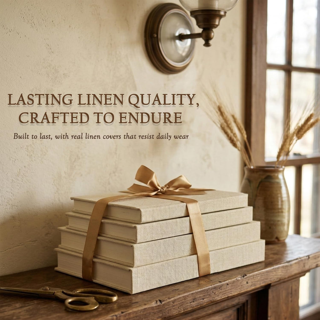 Decorative Books Decor-Set of 4 Real Linen Decorative Books, Stacked Books with Wood Bead Garland, Jute Twine & Satin