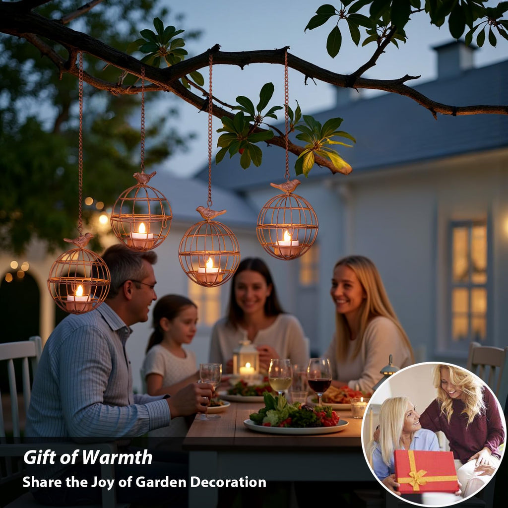 Outdoor Solar Hanging Lantern Lights, 4 Pack Rustic Ball Birdcage Hanging Candle Holder with Solar Tea Lights