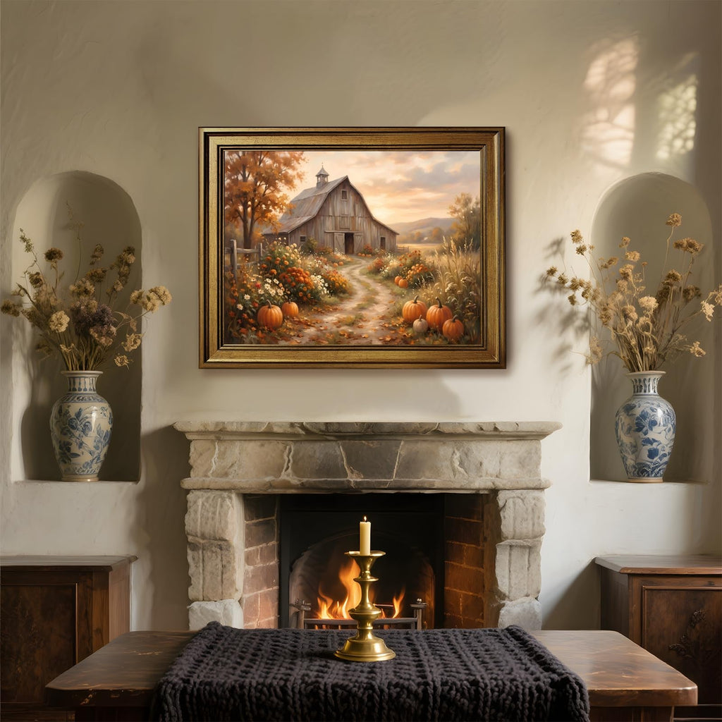 Retro Gold Frame Autumn Farmhouse Wall Art Rustic Barn Canvas Print Poster Pumpkin Field Landscape Painting Vintage