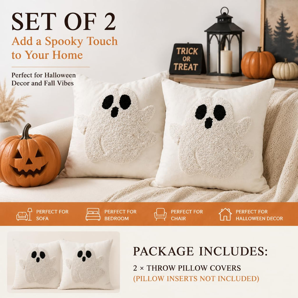 Halloween Loop Tufted Ghost Pillow Covers Set of 2 20x20, Beige