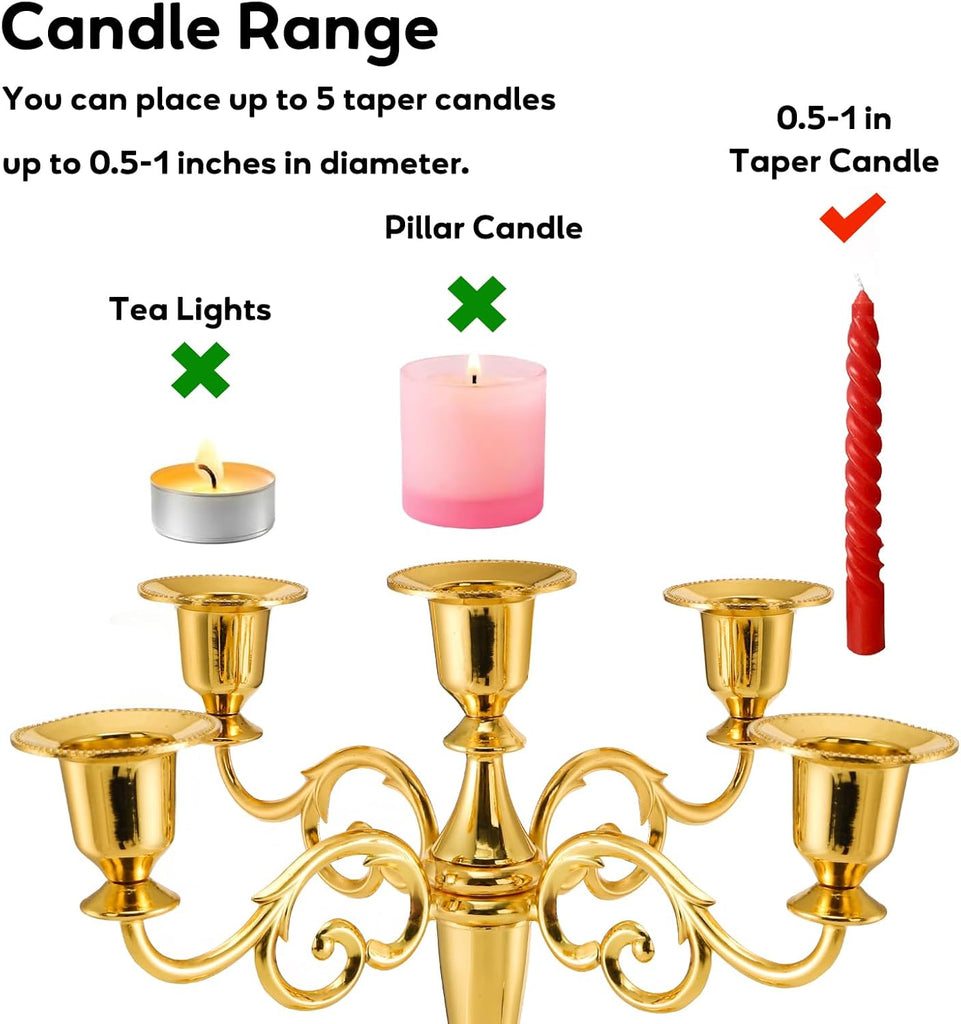 5 Arm Gold Candelabra, Candelabra Candle Holder, 10 Inch Tall Candlesticks Holder, Elegant Taper Candle Holder
