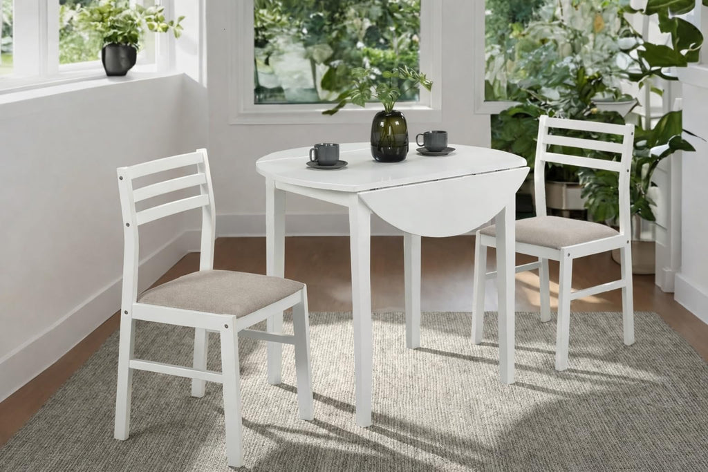 3 Piece Drop Leaf Dining Set, Round White Table with 2 Ladder Back Chairs, Beige Cushioned Seats, Rubberwood